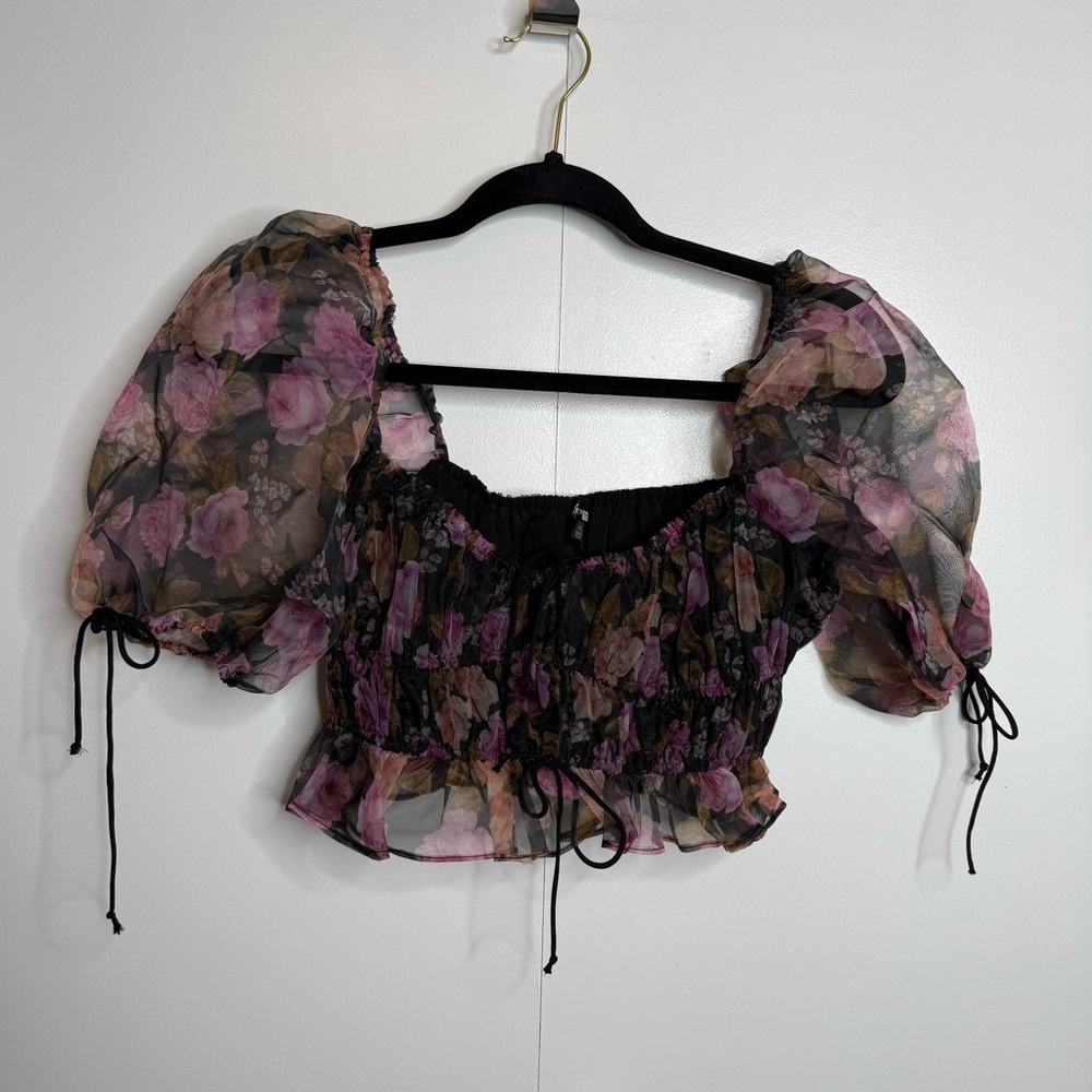 For Love & Lemons Sunshine Crop Top Sheer Smocked XS - Picture 2 of 8